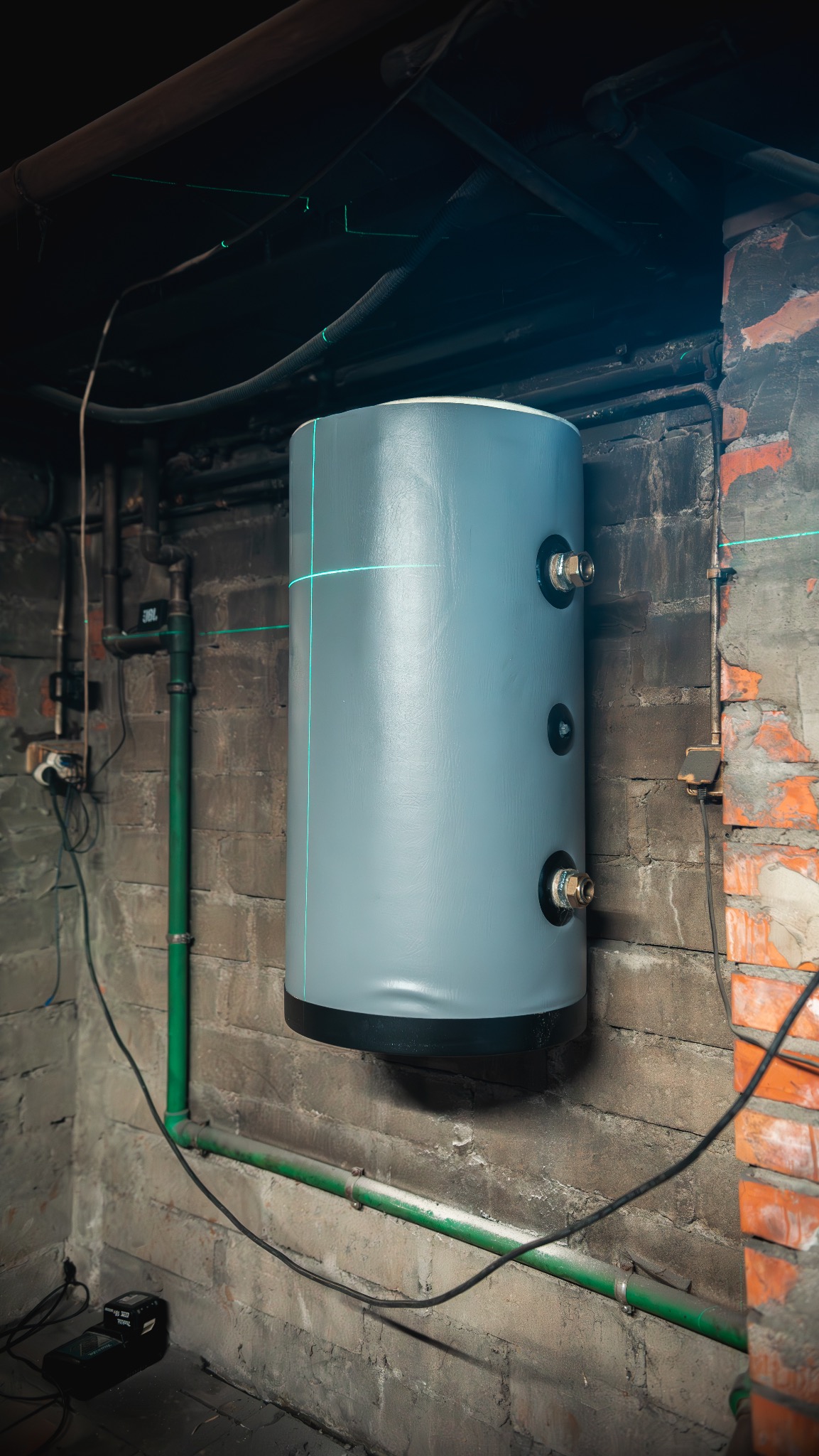 Szary, ocieplony zasobnik ciepłej wody użytkowej zamontowany na ceglanej ścianie. Widoczne rury, przewody i zielony laser krzyżowy do poziomowania.