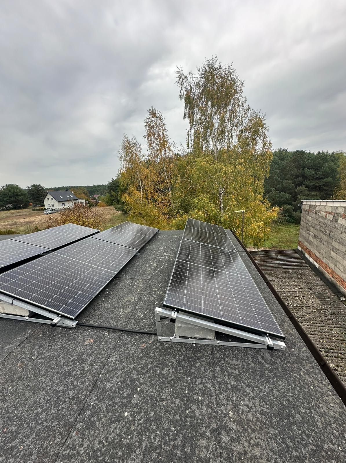 Fotowoltaika na dachu pokrytym papą, widok z góry na panele słoneczne i krajobraz z drzewami i domem w tle, pochmurne niebo.