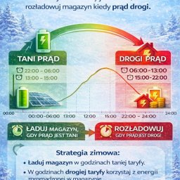 Infografika: Strategia G12 na zimę. Ładowanie magazynu energii w godzinach taniej taryfy, rozładowywanie w godzinach drogiej taryfy. Wykres cen prądu.