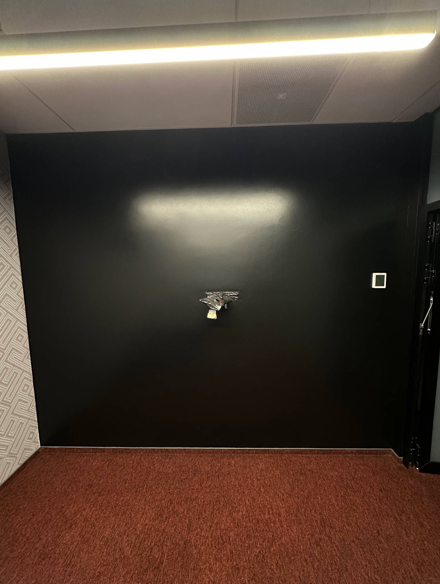 Świeżo pomalowana, czarna ściana w biurze z widocznym włącznikiem i zabezpieczonym pędzlem malarskim. Czerwona wykładzina podłogowa.