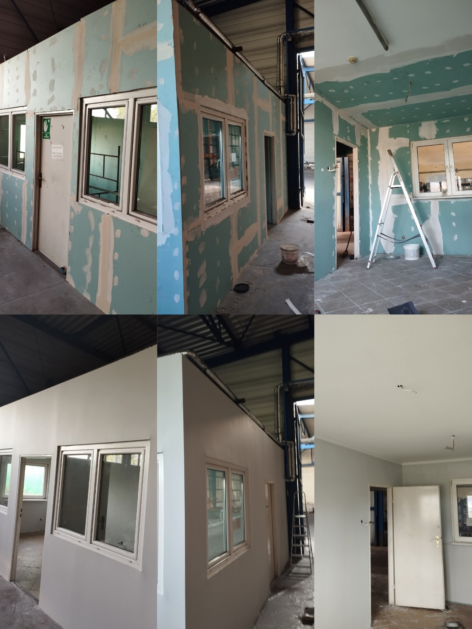 Skompilowane ujęcie wnętrza biurowego: szpachlowanie ścian, montaż płyt G-K i malowanie na biało. Widoczne okna, drzwi, drabina i instalacje.