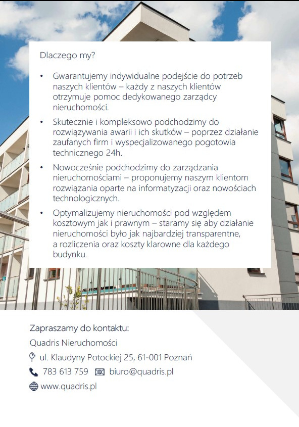 Nowoczesny budynek mieszkalny z balkonami i tekstem reklamowym firmy Quadris Nieruchomości, oferującej zarządzanie nieruchomościami w Poznaniu.