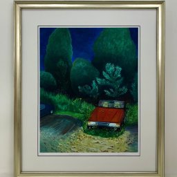 Przykładowa oprawa (passe-partout, szyba, rama drewniana) sygnowanego 	i numerowanego printu, stworzonego przez Artystkę z jednej z namalowanych przez 	nią oryginalnie prac.