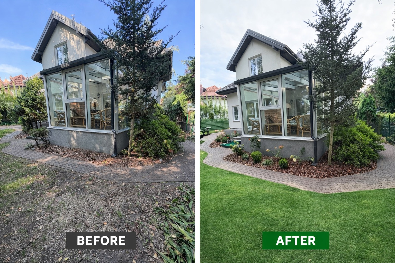 Zdjęcie 'przed i po' ukazuje metamorfozę ogrodu: z zaniedbanego terenu z liśćmi na zadbany trawnik z kostką brukową i roślinami ozdobnymi przy domu z oranżerią.