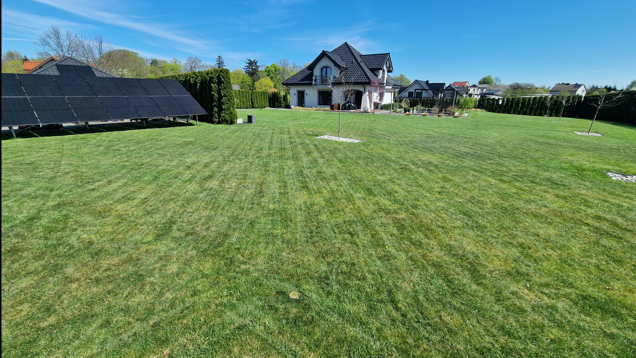 Rozległy, zielony trawnik przed nowoczesnym domem z panelami słonecznymi i starannie przyciętym żywopłotem. Widok na równo skoszoną trawę w słoneczny dzień.