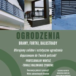 Ogrodzenia Kompleks - Zdjęcie prezentuje fragmenty zrealizowanych projektów: balustrady balkonowe, brama posesji i balustrada tarasowa. Elementy metalowe w kolorze grafitowym.