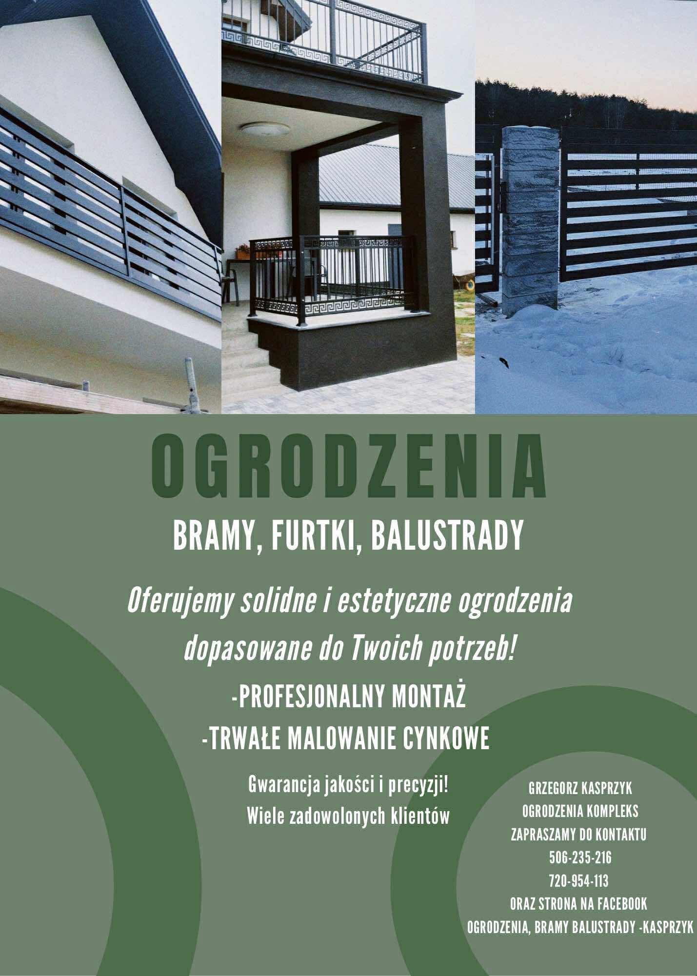 Zdjęcie prezentuje fragmenty zrealizowanych projektów: balustrady balkonowe, brama posesji i balustrada tarasowa. Elementy metalowe w kolorze grafitowym.