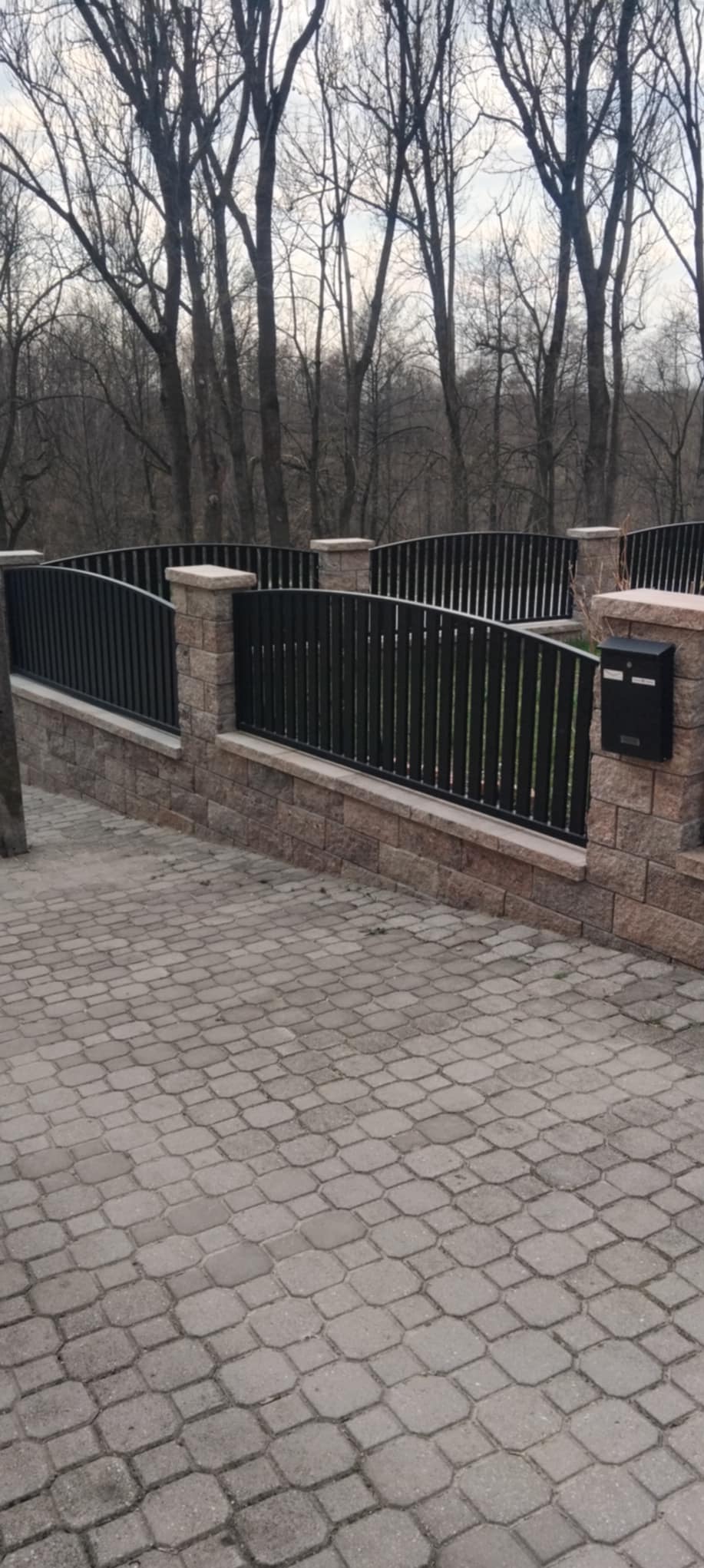 Czarne, metalowe ogrodzenie na niskim, kamiennym murku z czarną skrzynką pocztową, widoczne na tle drzew bez liści i szarej kostki brukowej.