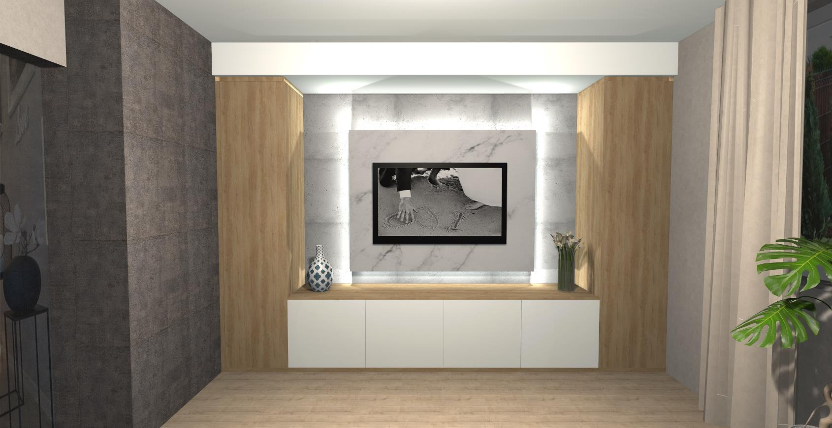 Nowoczesny salon z szafką RTV z białymi frontami i drewnianym blatem, obok drewniane panele ścienne i betonowa ściana. Na ścianie telewizor z czarno-białym zdjęciem.