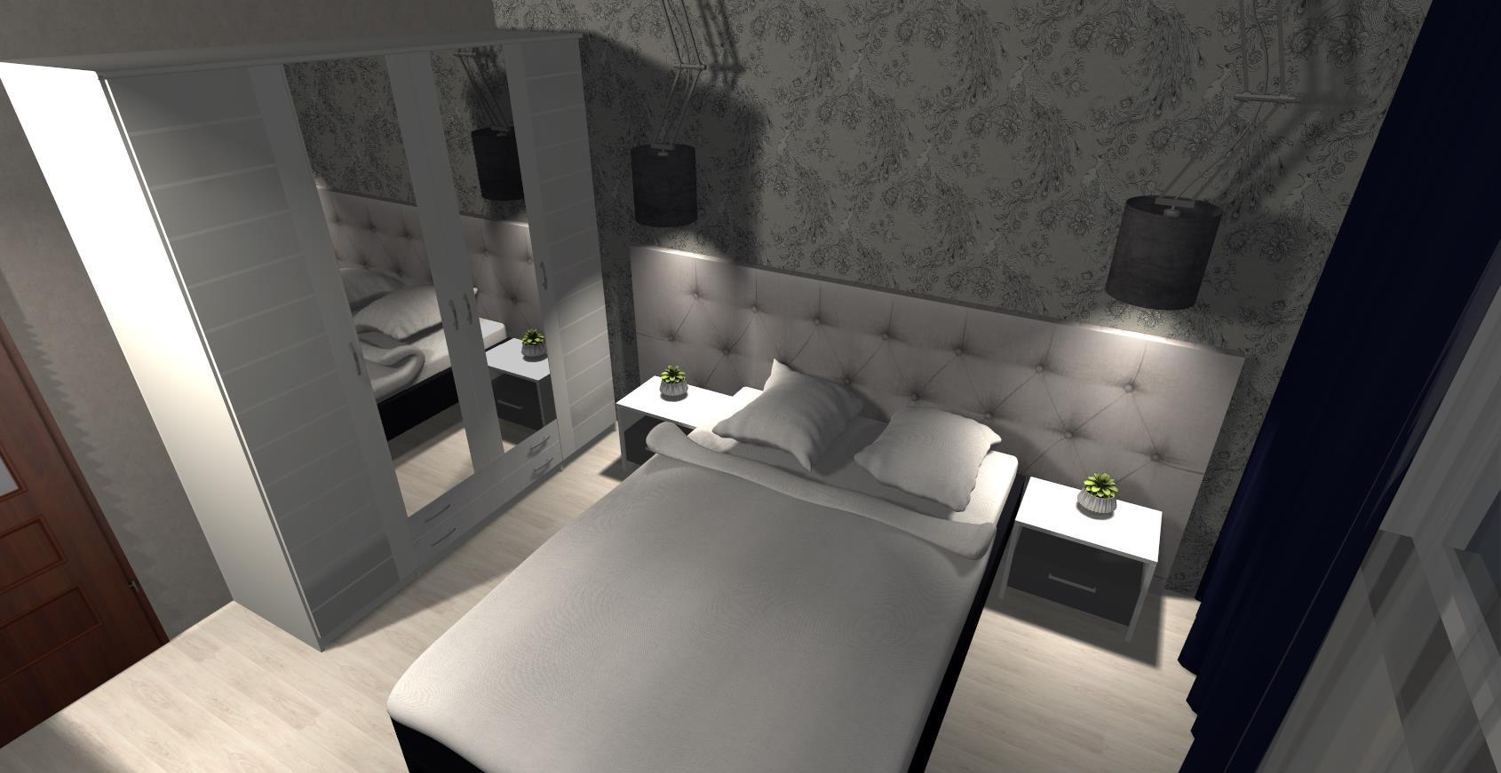 Nowoczesna szafa wnękowa z lustrem w sypialni w Raciborzu. Minimalistyczny design, białe fronty, oświetlenie LED. Widok z góry.