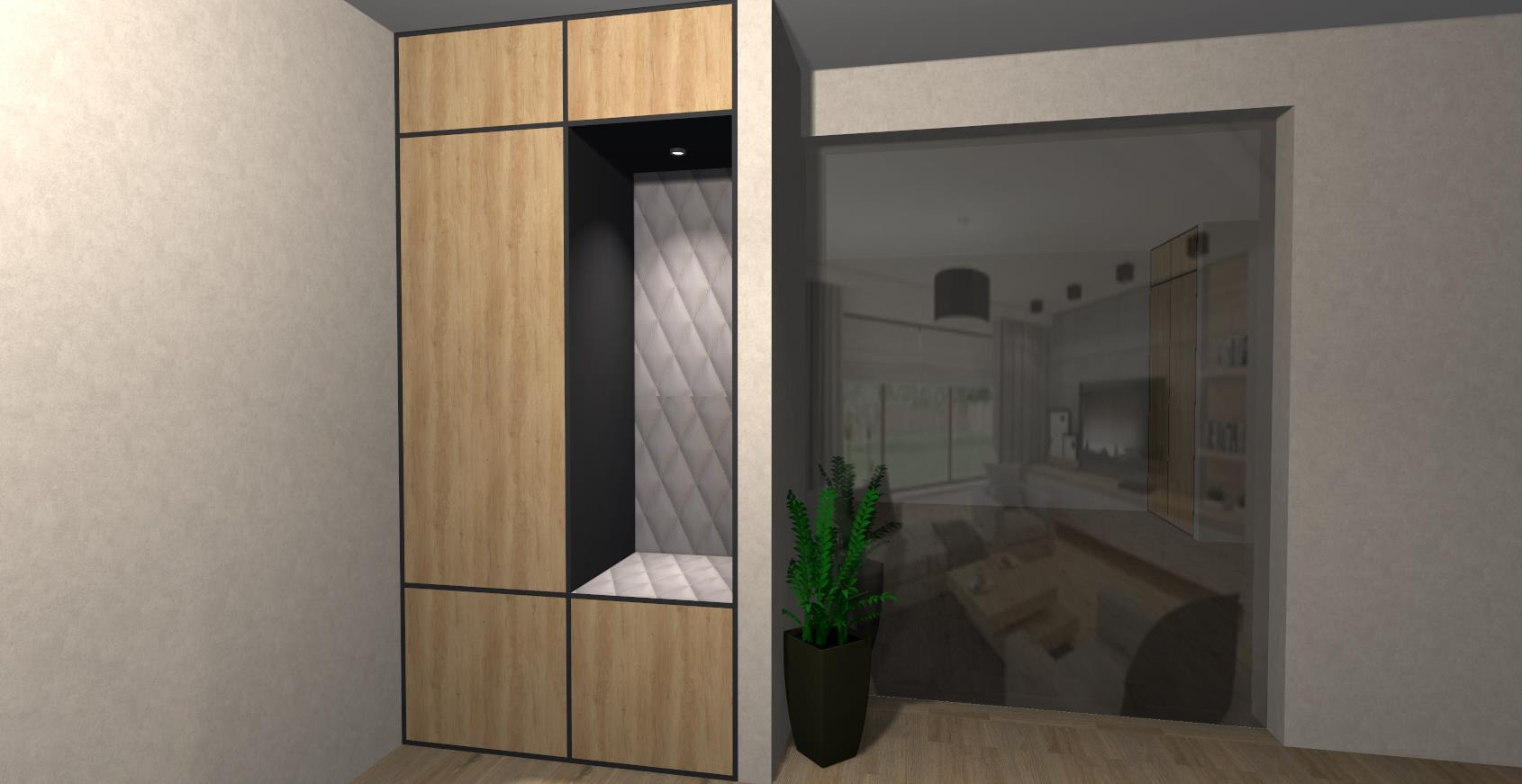 Wizualizacja szafy wnękowej z drewnianymi frontami, czarnymi obramowaniami i tapicerowanym wnętrzem, z rośliną doniczkową obok, widok na salon przez szklaną ścianę.