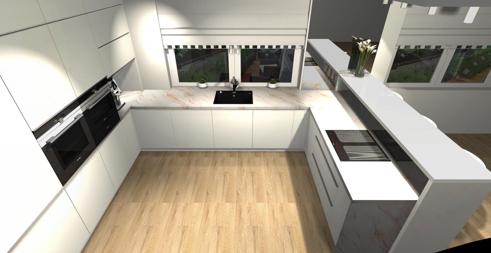 Nowoczesna, biała kuchnia z drewnianą podłogą, blatem imitującym marmur i oknem z widokiem na zieleń. Minimalistyczny design z wbudowanym sprzętem AGD.