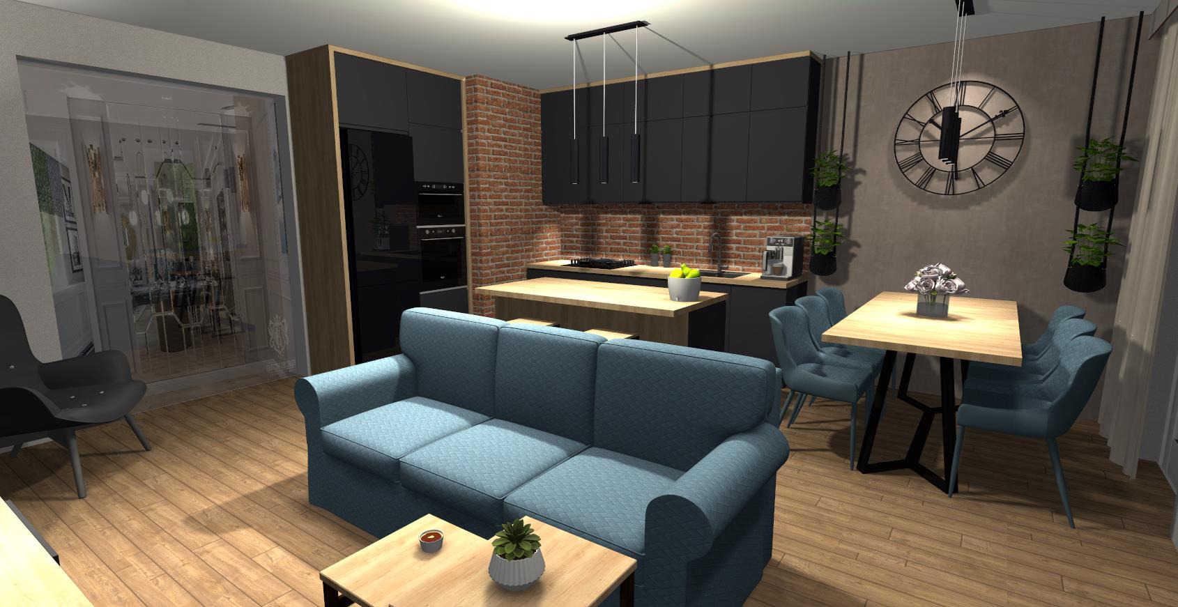 Nowoczesna kuchnia z czarnymi frontami i ceglaną ścianą, oświetlona wiszącymi lampami. W tle przeszklone drzwi i salon z niebieską sofą.