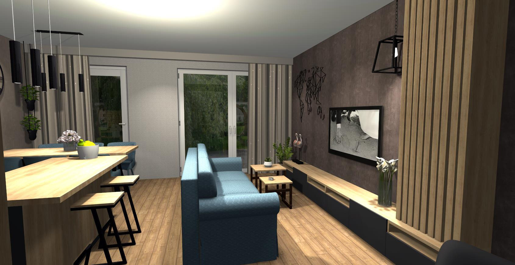 Nowoczesne wnętrze: stół z hokerami, niebieska sofa, ściana z drewnianymi lamelami i TV. Geometryczna mapa świata jako dekoracja.