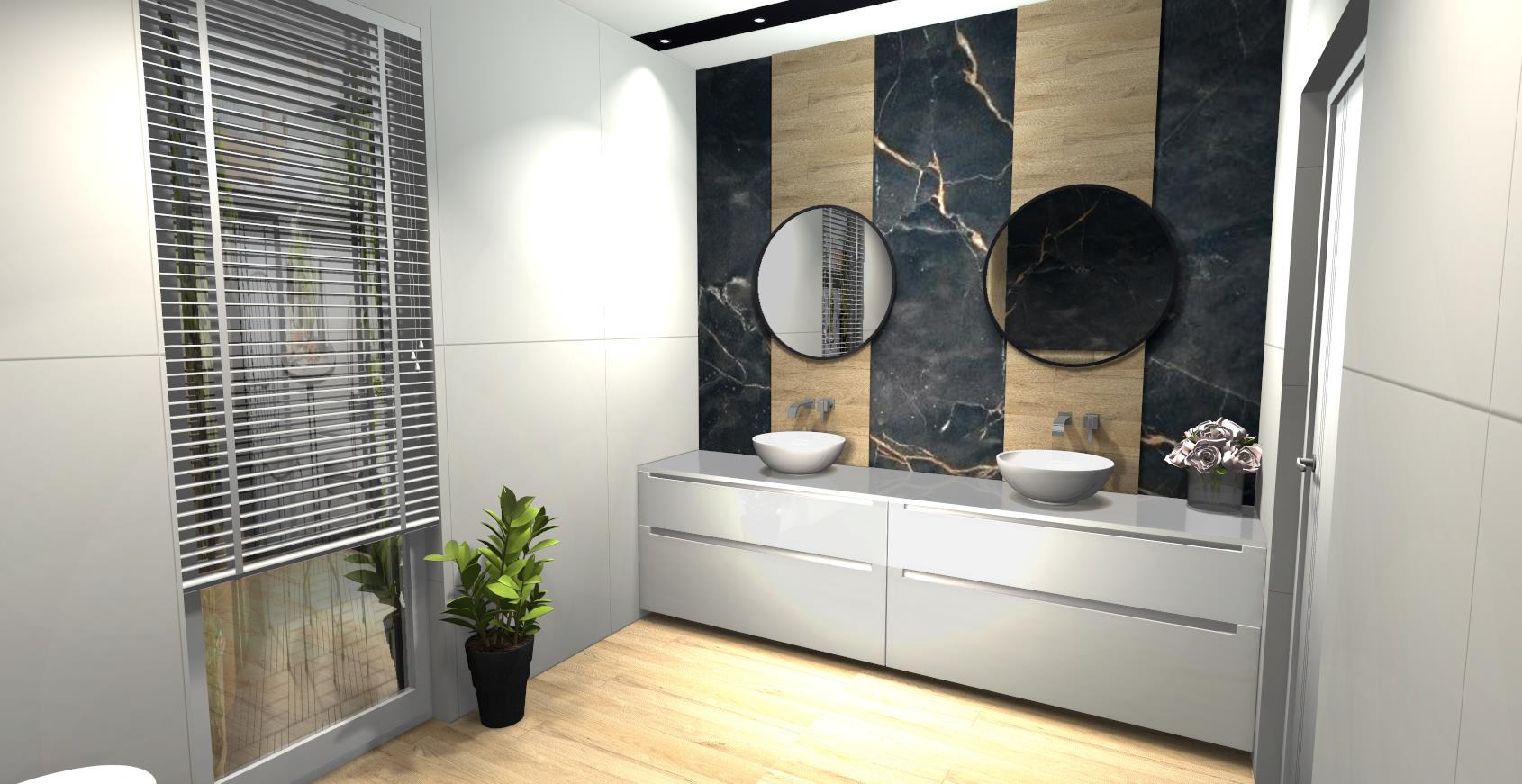 Nowoczesna łazienka z podwójną umywalką nablatową, okrągłymi lustrami i akcentem marmuru na ścianie, doświetlona przez żaluzje okienne.
