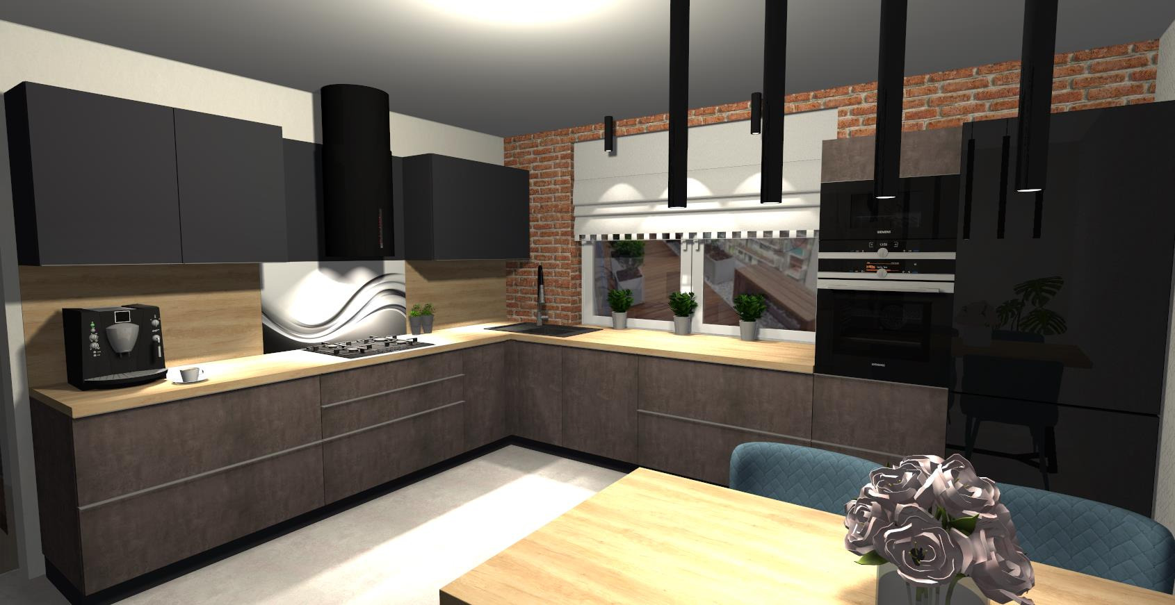 Wizualizacja kuchni z ciemnymi szafkami, drewnianym blatem i ceglaną ścianą. Na blacie ekspres do kawy i płyta grzewcza. Nad blatem wiszące lampy i okno z widokiem na zewnątrz.