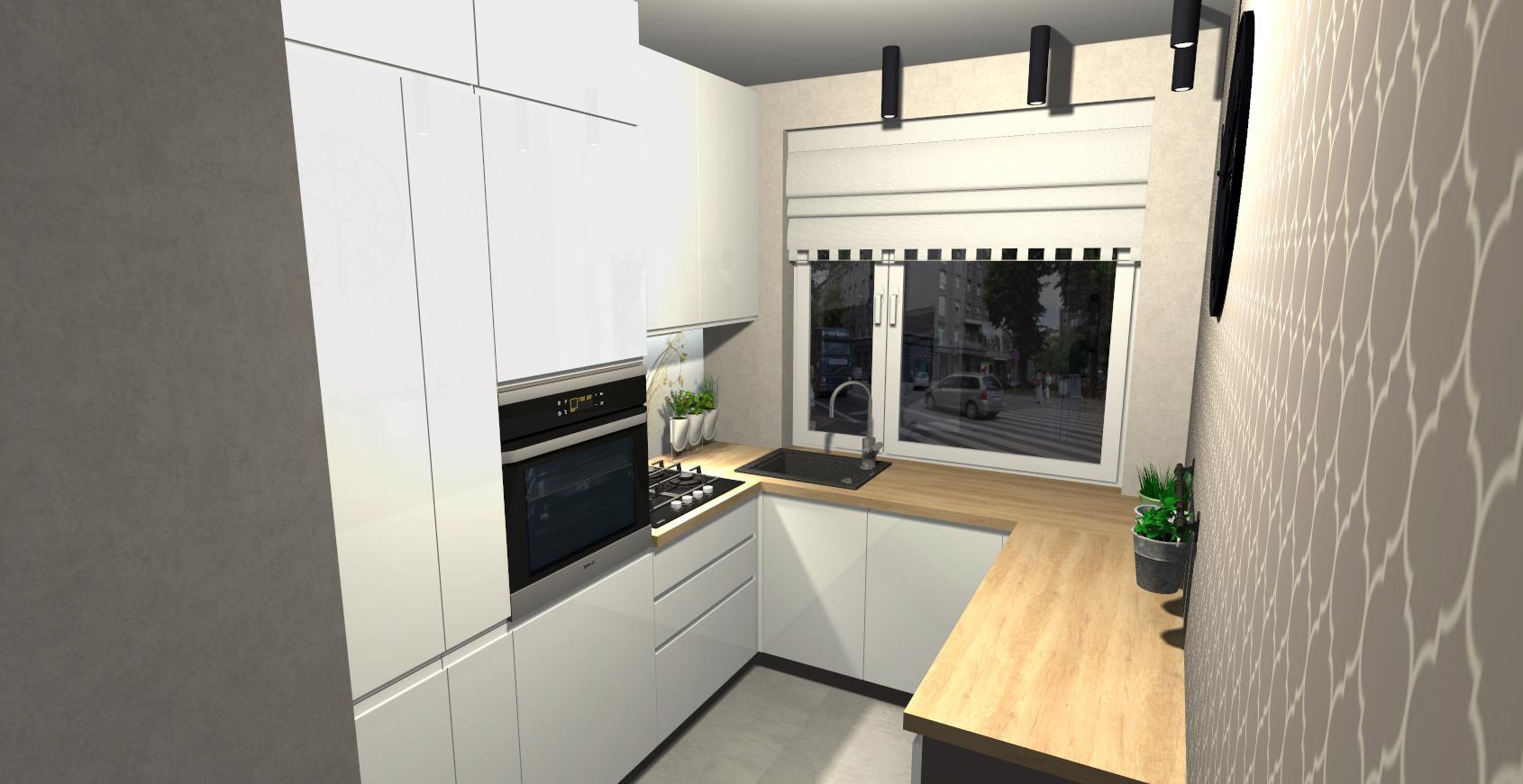 Biała kuchnia z drewnianym blatem pod oknem, z wbudowanym piekarnikiem i płytą gazową. Minimalistyczny design, widok na ulicę przez okno.
