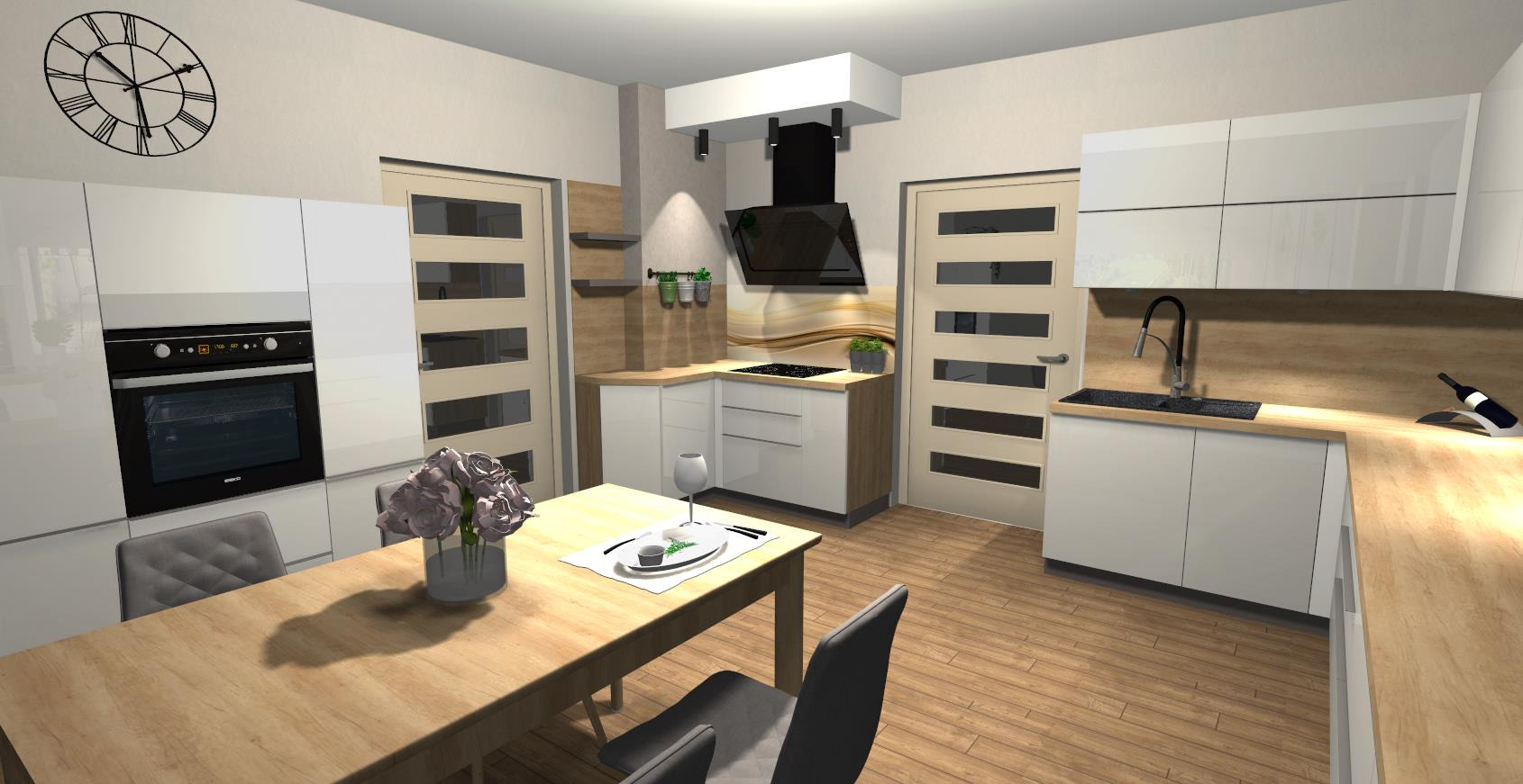 Wnętrze kuchni z białymi frontami, drewnianym blatem i czarnym okapem. Na stole kwiaty w wazonie i zastawa. Na ścianie zegar. Projekt kuchni na wymiar.