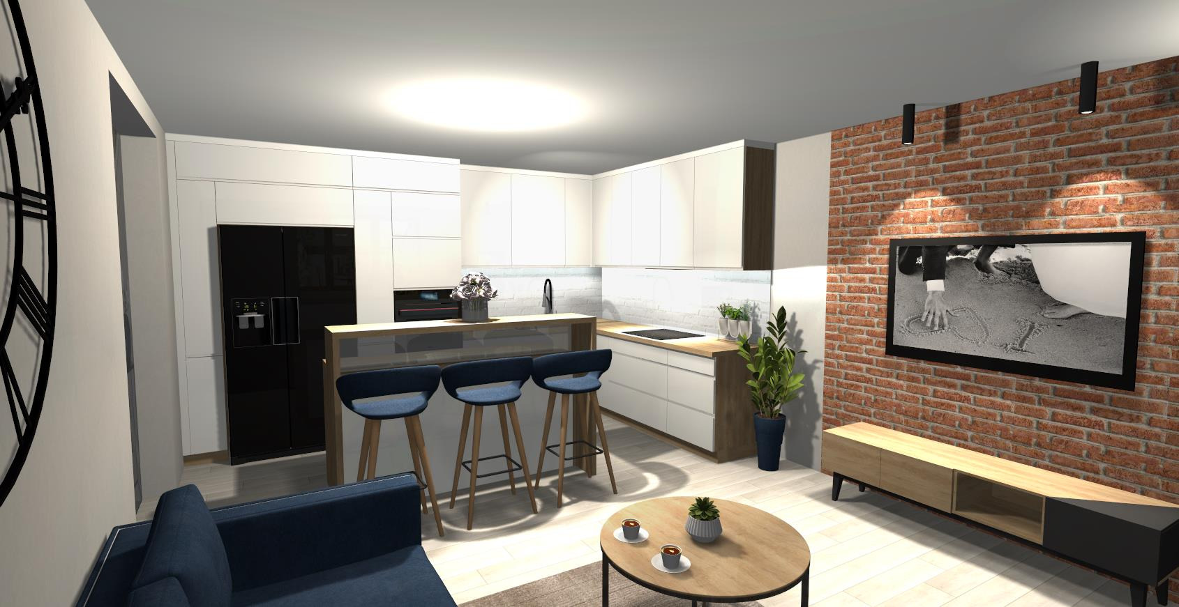 Wizualizacja nowoczesnej kuchni z białymi frontami, drewnianym blatem i ceglaną ścianą. W tle czarna lodówka i minimalistyczne oświetlenie.