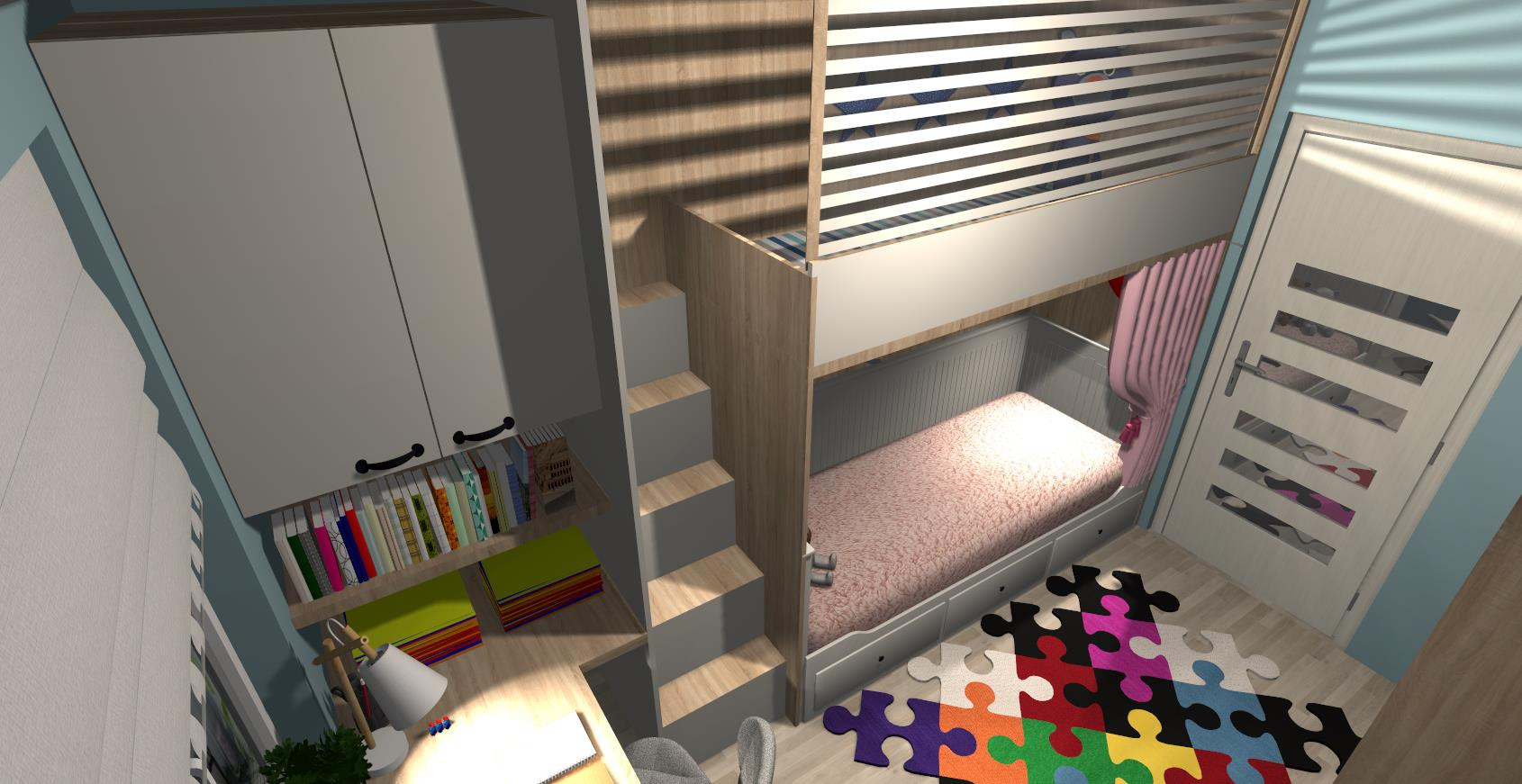 Pokój dziecięcy z łóżkiem piętrowym, szafą i biurkiem, całość w jasnych kolorach. Na podłodze dywan w kształcie puzzli.