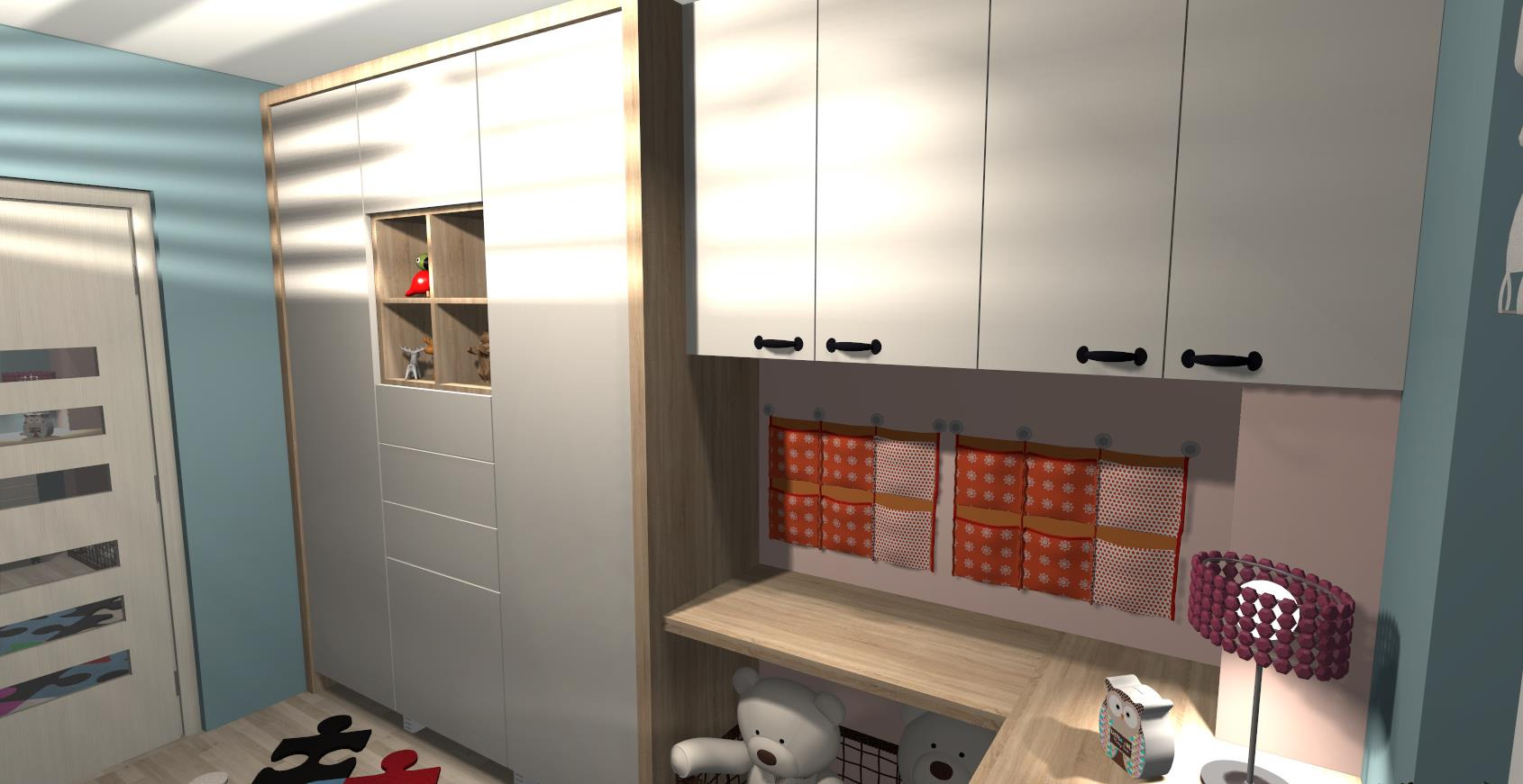 Pokój dziecięcy z białą szafą wnękową, półkami na zabawki i biurkiem. Na biurku lampka i skarbonka. Na podłodze puzzle. Neutralna kolorystyka.