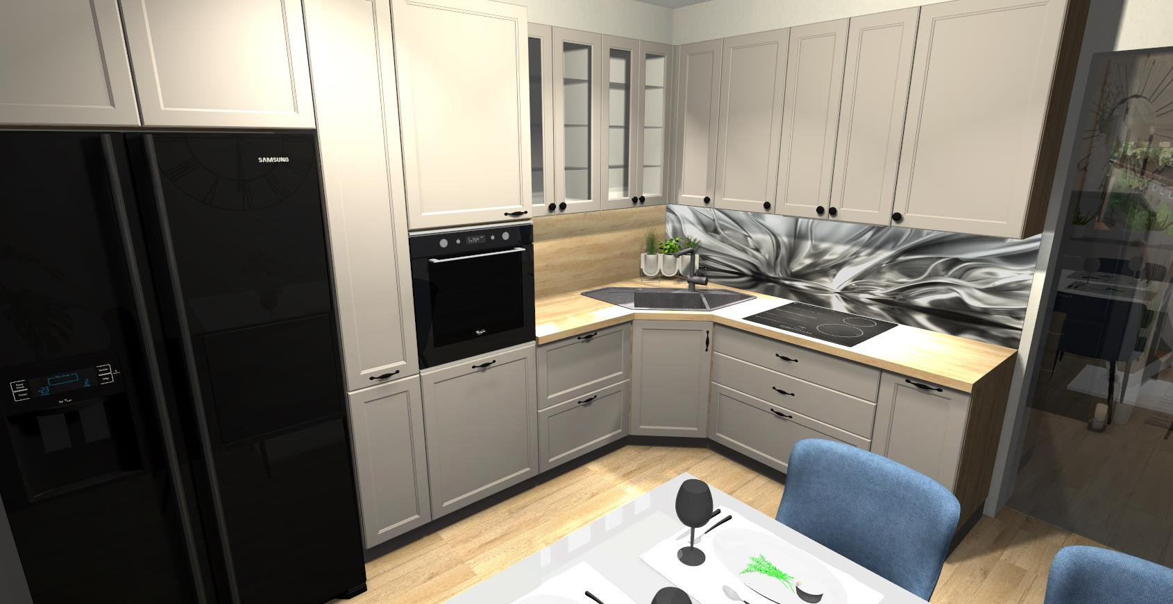 Wizualizacja kuchni z beżowymi szafkami, czarnym sprzętem AGD (lodówka Samsung), drewnianym blatem i szklanym panelem dekoracyjnym nad zlewem.