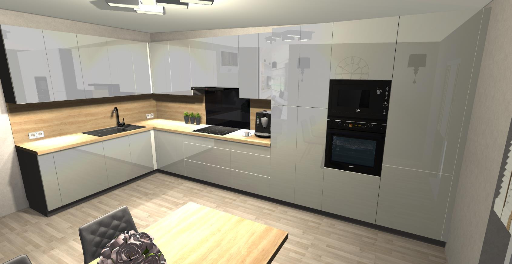 Nowoczesna kuchnia z połyskiem: gładkie, szare fronty, drewniany blat, wbudowany piekarnik i płyta. Minimalistyczny design, widok z perspektywy stołu.