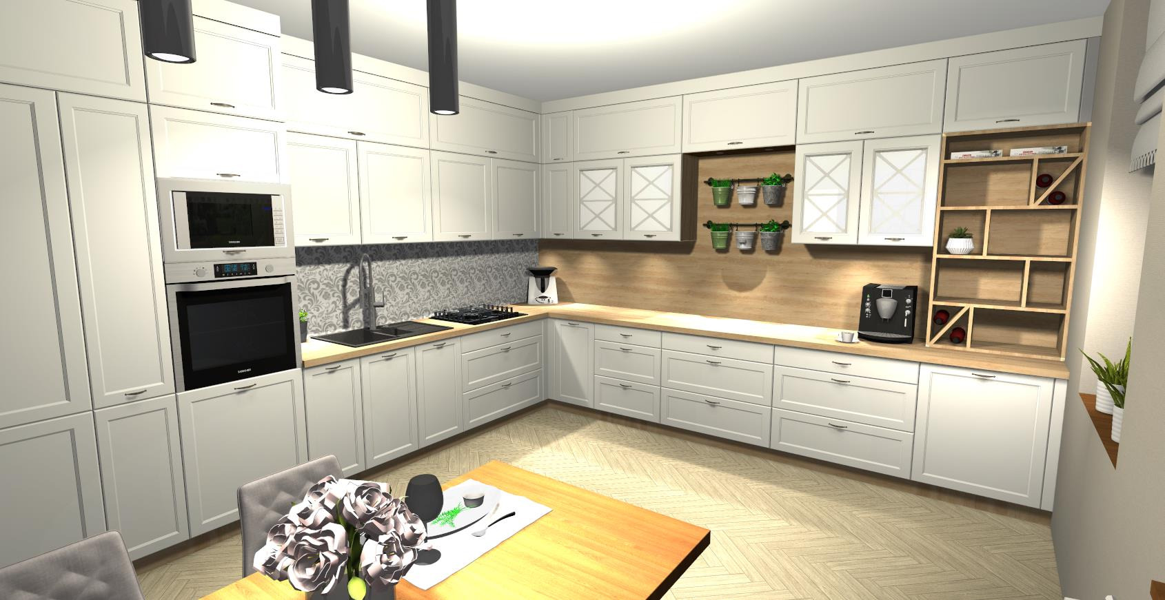 Nowoczesna, jasna kuchnia na wymiar z białymi frontami, drewnianym blatem i elementami dekoracyjnymi, takimi jak zioła w doniczkach i designerski regał na wino.