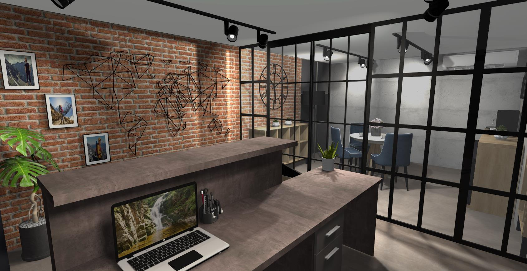 Nowoczesne biuro z ceglaną ścianą, metalową mapą świata i laptopem na brązowym biurku. W tle szklana ściana działowa i minimalistyczne meble.