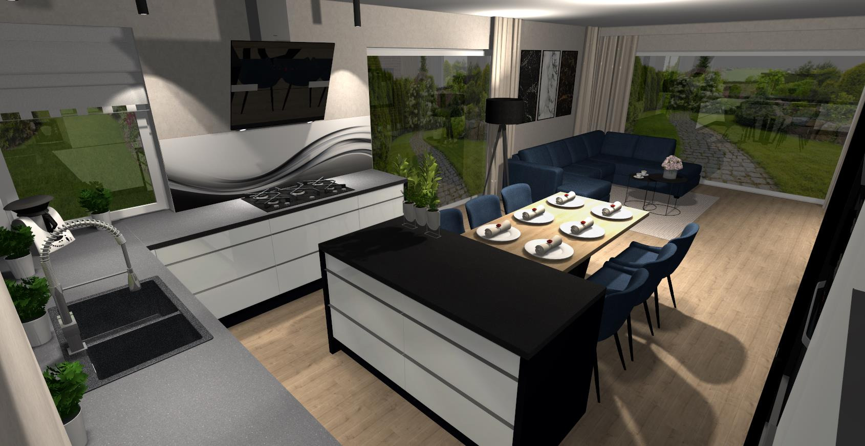 Nowoczesna kuchnia z wyspą i widokiem na ogród. Białe szafki z czarnymi blatami, niebieskie krzesła przy stole. Minimalistyczny design, jasne wnętrze.