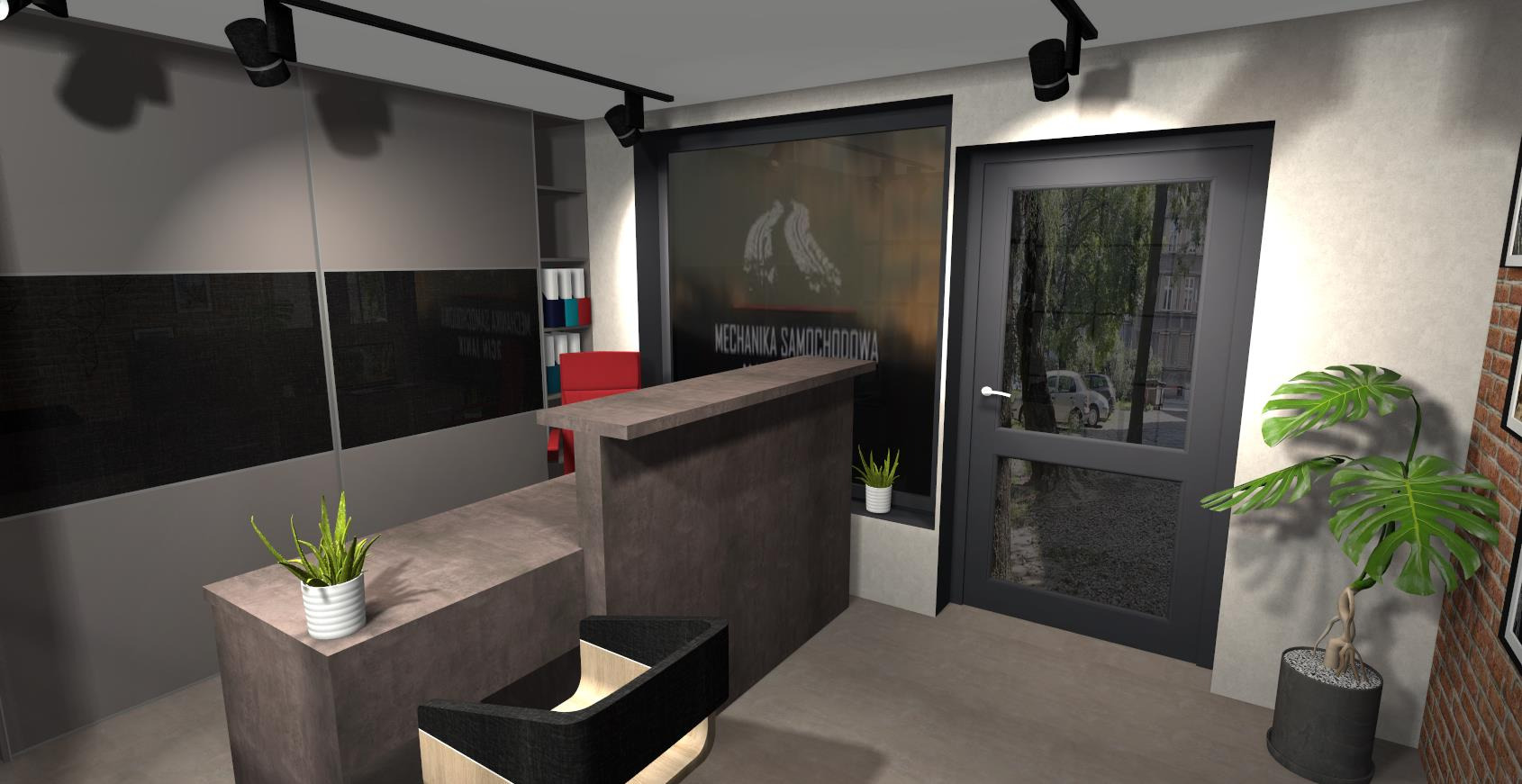 Wnętrze biura z recepcją o surowym wykończeniu, roślinami doniczkowymi i widokiem na ulicę przez okno. Minimalistyczny design, stonowana kolorystyka.