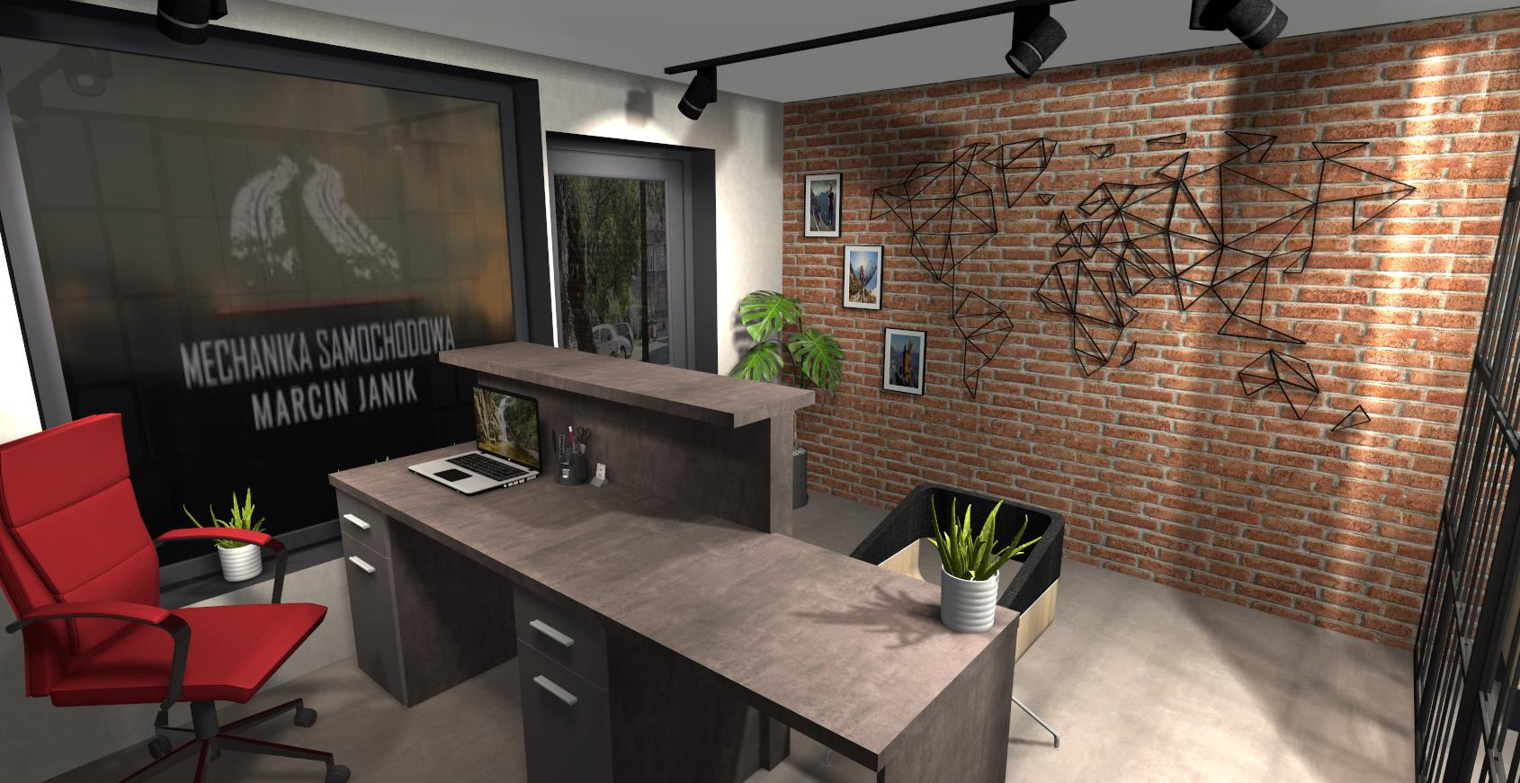 Nowoczesne biuro z recepcją w stylu industrialnym: ceglana ściana, metalowa mapa świata, szare biurko z laptopem, czerwone krzesło, oświetlenie punktowe.
