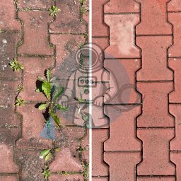 Shiny Space - mycie ciśnieniowe - Efekt przed i po: Czerwona kostka brukowa, lewa strona z mchem i chwastami, prawa strona czysta i odświeżona. Widoczna różnica w kolorze i strukturze.