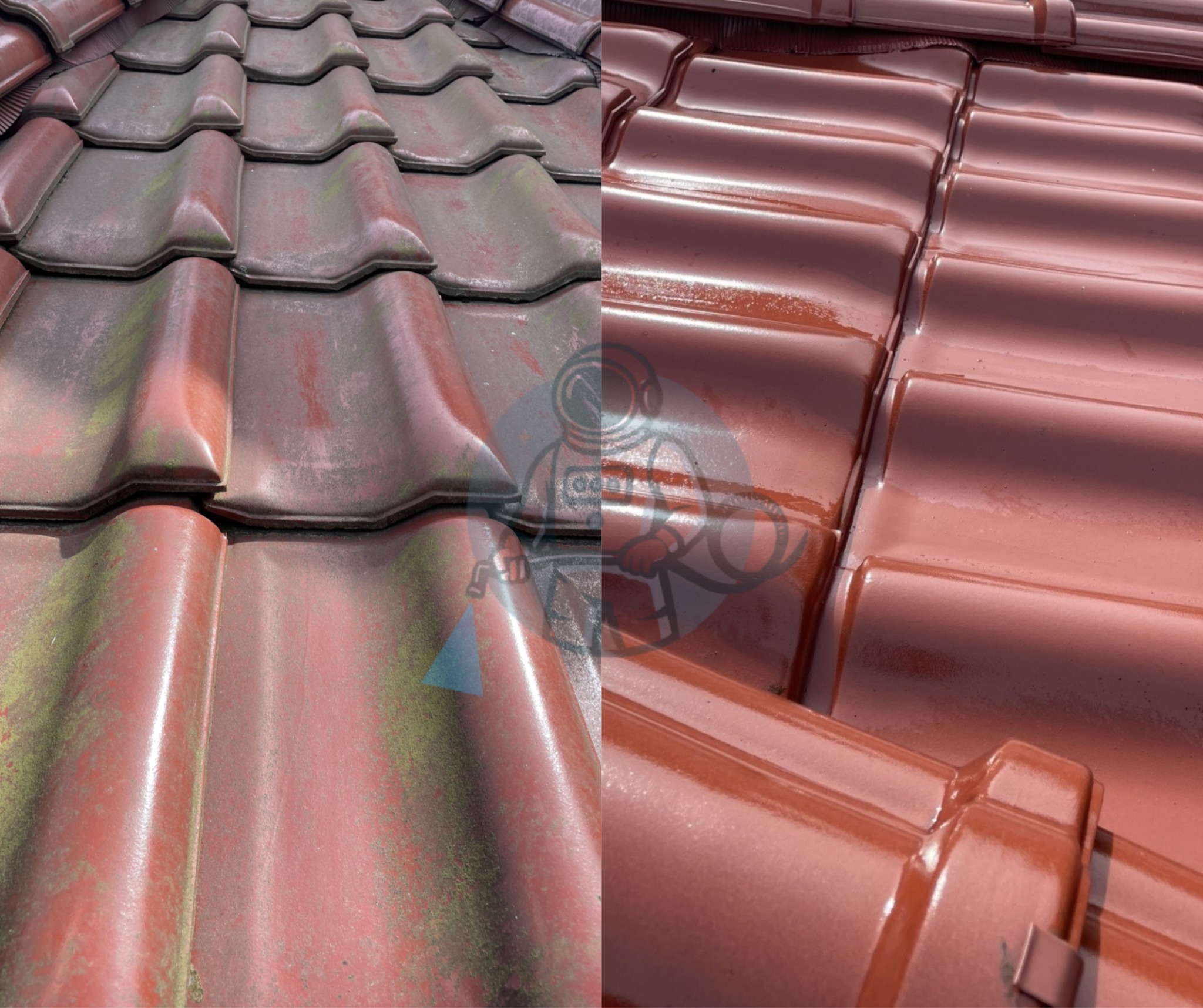 Czerwona dachówka przed i po renowacji. Po lewej stronie widoczny mech i zabrudzenia, po prawej czysta, błyszcząca powierzchnia. Widok z bliska na strukturę dachówek.