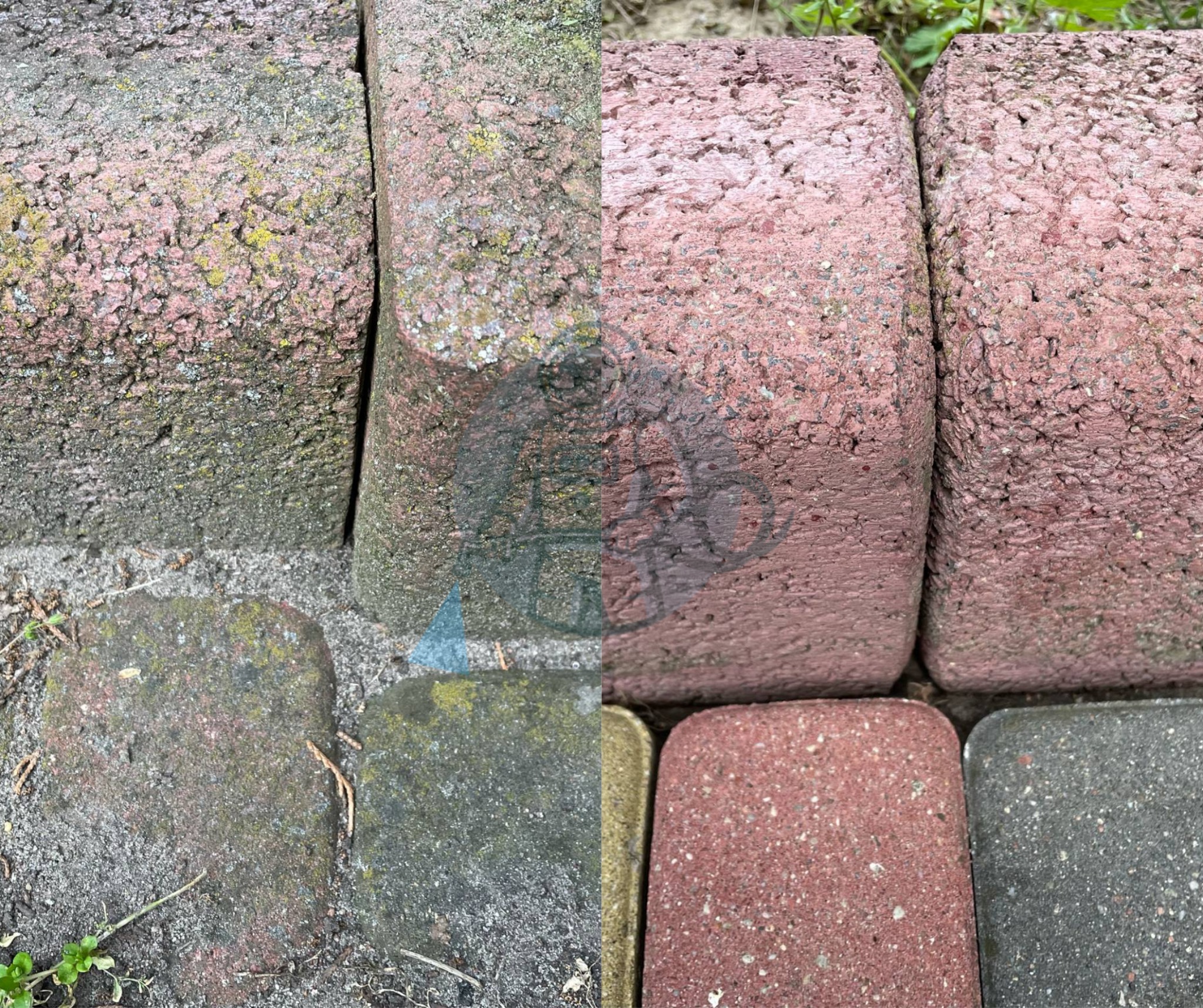 Częściowo wyczyszczona, czerwona kostka brukowa. Po lewej stronie widoczny brud i mech, po prawej czysta powierzchnia. Na kostce ślady po czyszczeniu.