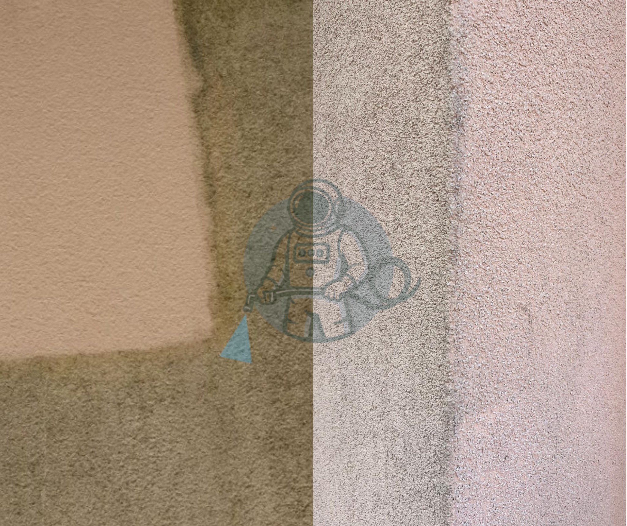 Elewacja budynku w ujęciu przed i po. Lewa strona brudna, prawa czysta. Widoczna różnica w kolorze i fakturze tynku. Znak wodny w centralnej części obrazu.