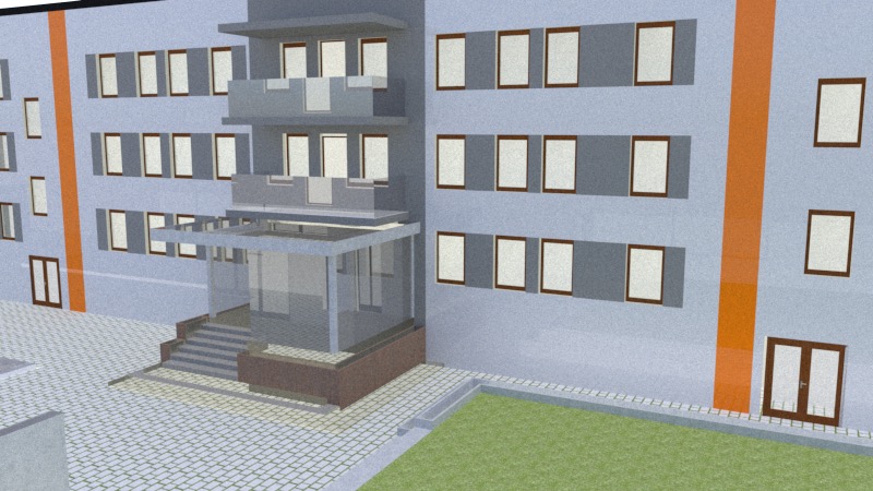 Wizualizacja budynku wielorodzinnego z balkonami, z pomarańczowym pasem na elewacji i kostką brukową przed wejściem, prezentująca projekt architektoniczny.