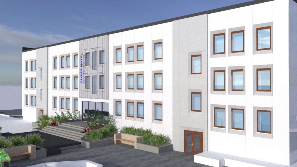 Wizualizacja 3D budynku hotelowego 'Cloud Hotel' z jasną elewacją, regularnym układem okien i elementami zieleni przy wejściu, prezentowana w słoneczny dzień.