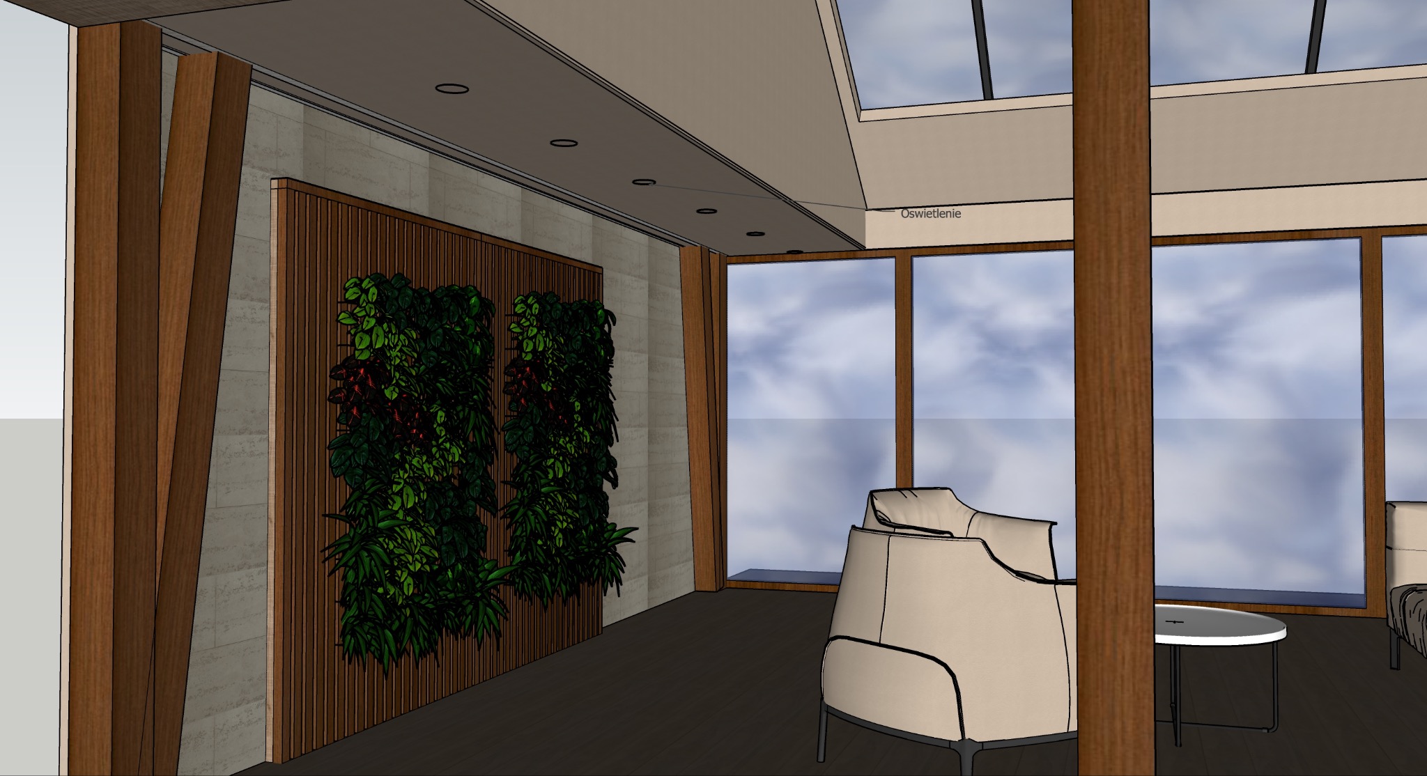 Wizualizacja salonu z zieloną ścianą, dużymi oknami i nowoczesnym oświetleniem. Widoczny fotel i stolik kawowy. Drewniane elementy dekoracyjne dodają ciepła wnętrzu.