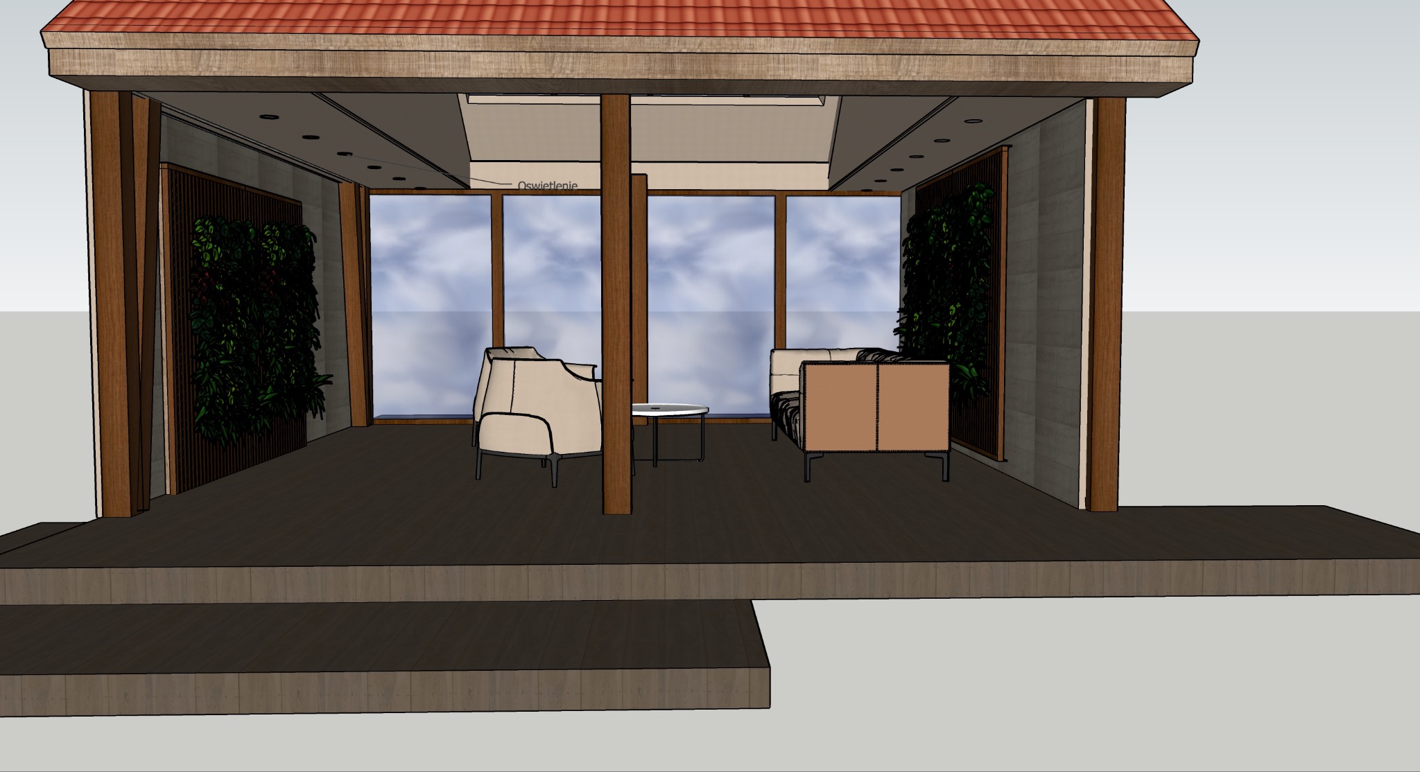 Projekt zadaszonego tarasu z roślinami w Dopiewie. Wizualizacja wnętrza z meblami wypoczynkowymi i dużymi oknami.
