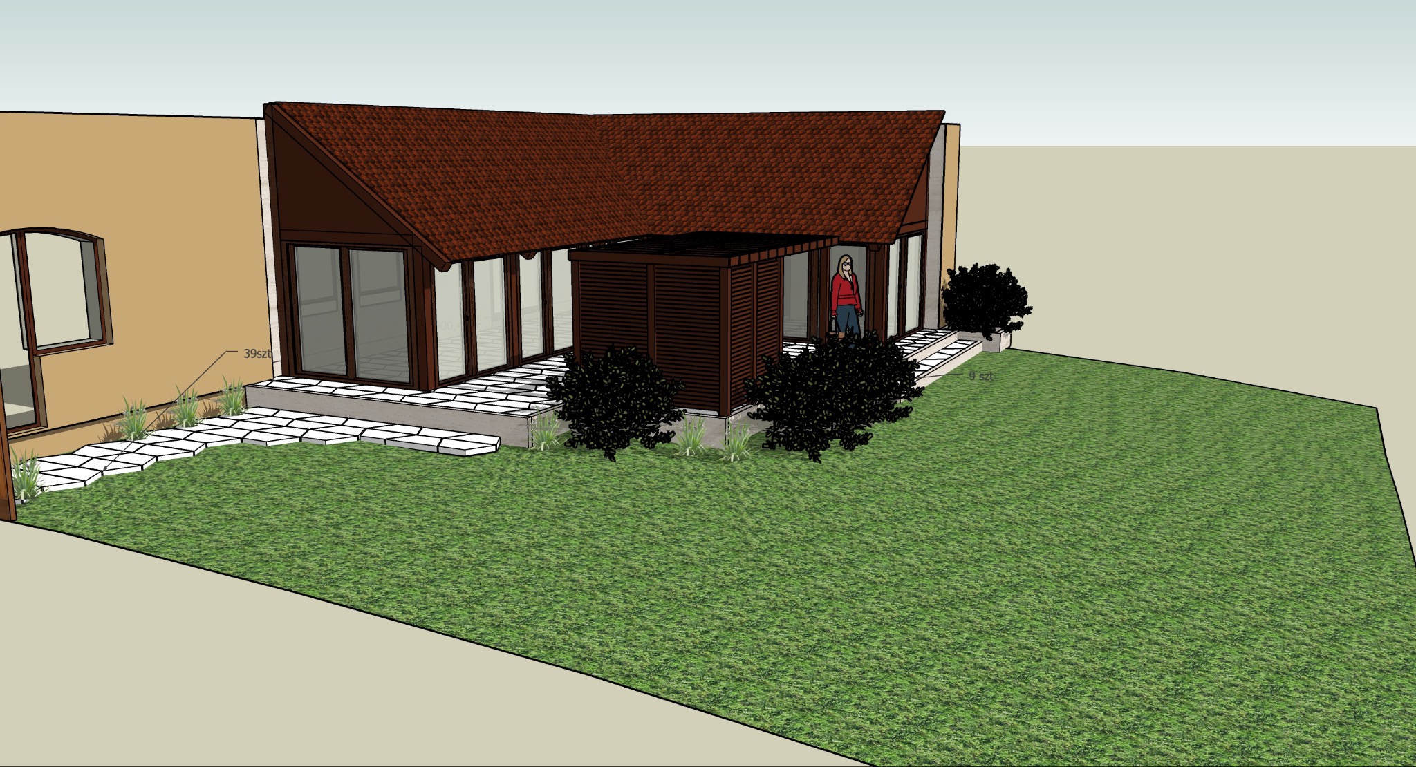 Wizualizacja domu z brązowym dachem, ogrodem i ścieżką z płyt. Na tarasie stoi kobieta w czerwonej bluzce. Widok z perspektywy.