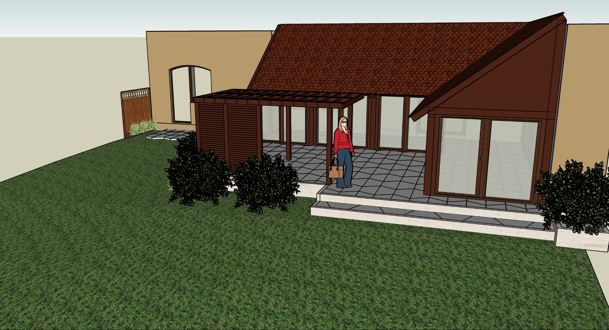 Wizualizacja 3D domu z tarasem, pergolą i zielonym ogrodem. Kobieta z torbą stoi na schodach tarasu. Widoczne detale architektury i zagospodarowania terenu.