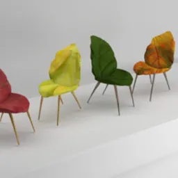 Cztery krzesła w kształcie liści, każde w innym kolorze jesieni: czerwonym, żółtym, zielonym i pomarańczowym, ustawione na białym podeście, minimalistyczne ujęcie.
