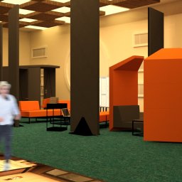 Maryna Halina - Wnętrze biurowe z pomarańczowymi meblami i ciemnymi kolumnami. Na pierwszym planie osoba w ruchu. Wykładzina imituje trawę. Sufit kasetonowy z jasnym oświetleniem.