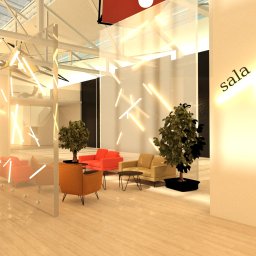 Maryna Halina - Wizualizacja jasnej sali konferencyjnej z przeszklonymi ścianami, nowoczesnym oświetleniem neonowym, roślinami doniczkowymi i kolorowymi fotelami.