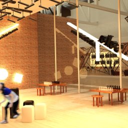 Maryna Halina - Wizualizacja sali z ceglaną ścianą, neonowym napisem 'sala', stolikami do gry w szachy i nowoczesnym oświetleniem. Osoba w ruchu dodaje dynamiki wnętrzu.