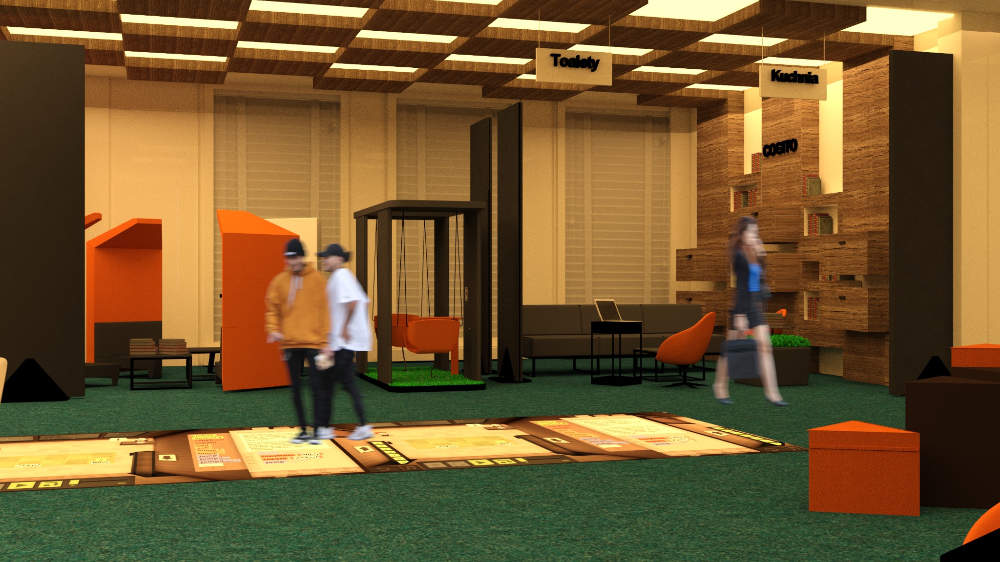 Aranżacja wnętrz we Wrocławiu: Ekspozycja mebli i elementów wyposażenia, z nowoczesnymi stoiskami oznaczonymi jako 'Toalety' i 'Kuchnia'. Prezentacja wystawiennicza.