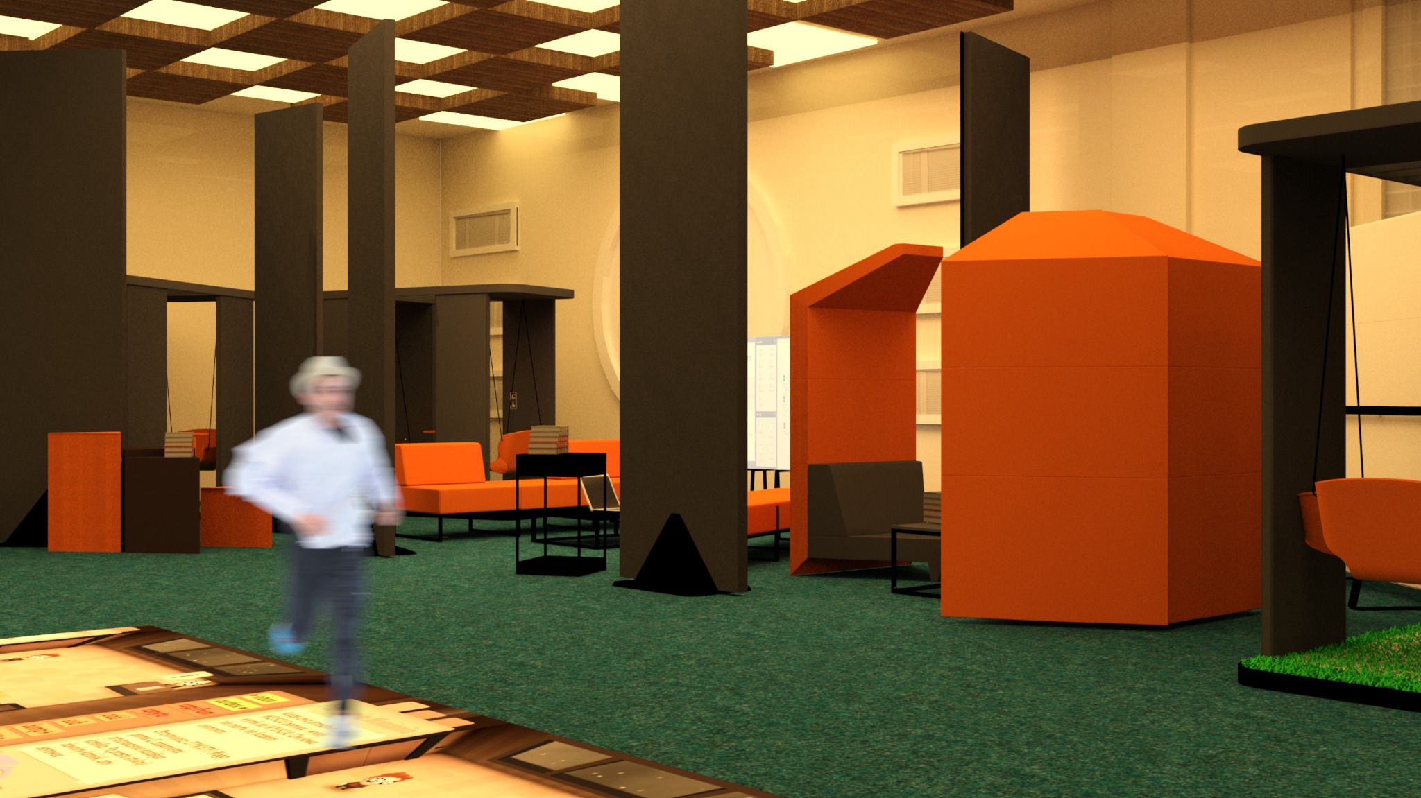 Wnętrze biurowe z pomarańczowymi meblami i ciemnymi kolumnami. Na pierwszym planie osoba w ruchu. Wykładzina imituje trawę. Sufit kasetonowy z jasnym oświetleniem.