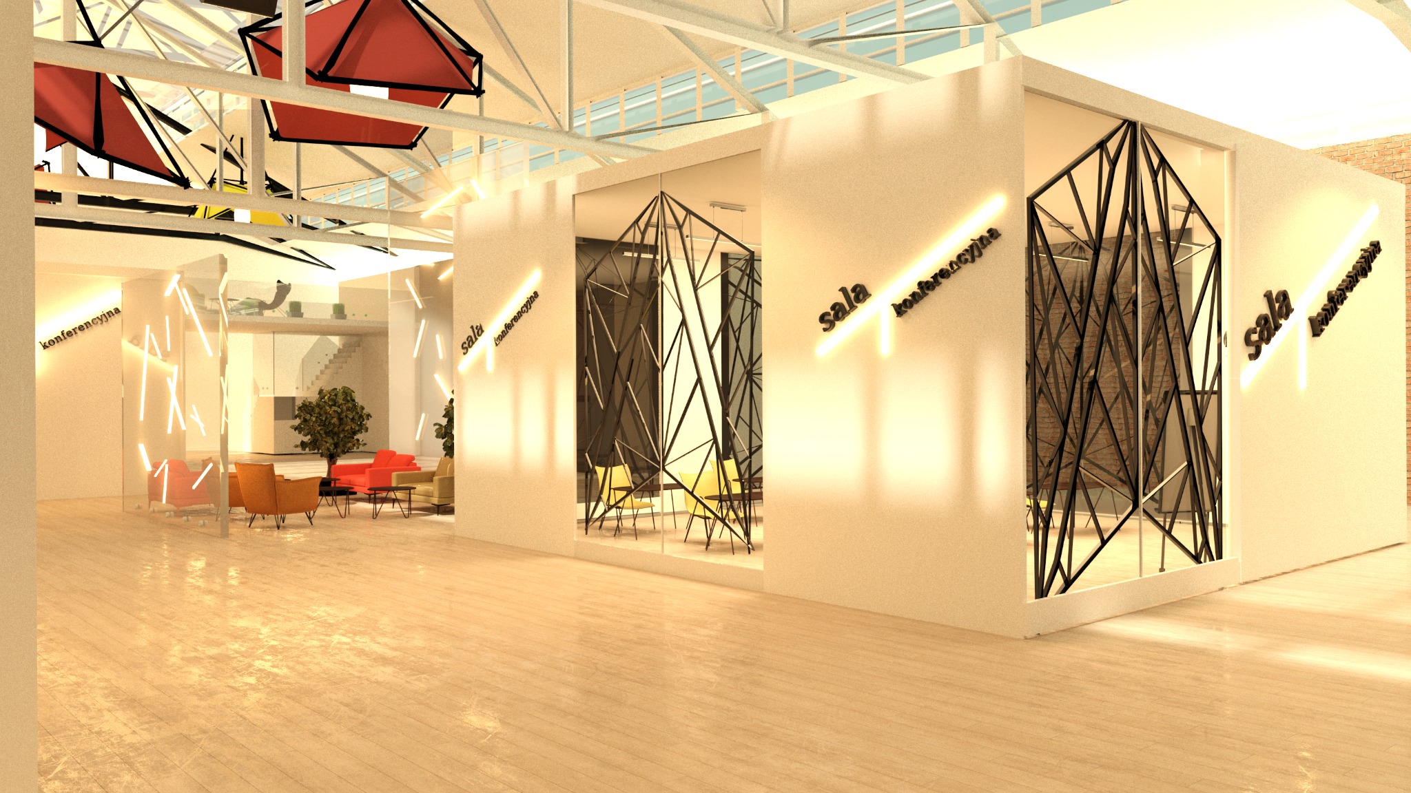 Wizualizacja nowoczesnej sali konferencyjnej z geometrycznymi dekoracjami świetlnymi i przeszklonymi ścianami, ukazująca przestrzeń biurową z drewnianą podłogą.