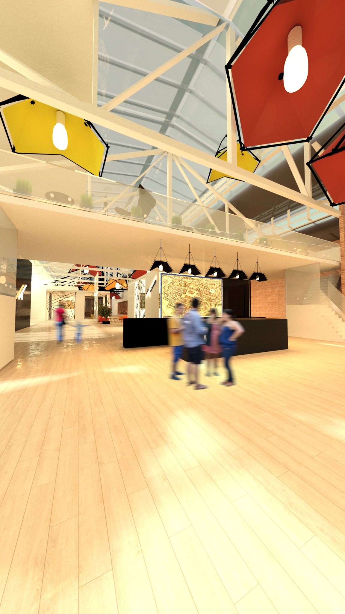 Wnętrze przestronnego pomieszczenia z drewnianą podłogą, ozdobnymi lampami i przeszklonym dachem. Grupa osób przed czarną ladą z mapą.